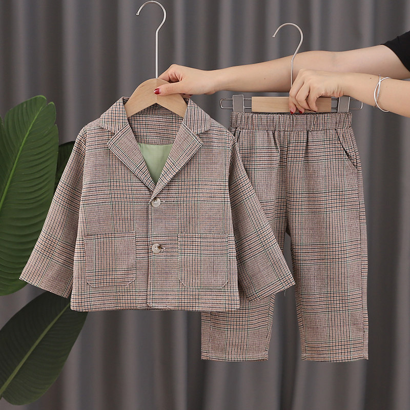 Boys' Suit Set 2021 Spring Dress New Korean Edition Baby Plaid Suit Two-Piece Kids Casual Dress Tide
