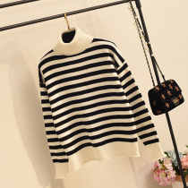 2021 autumn and winter New High collar black and white striped sweater women thick loose pullover lazy wind wear short bottom