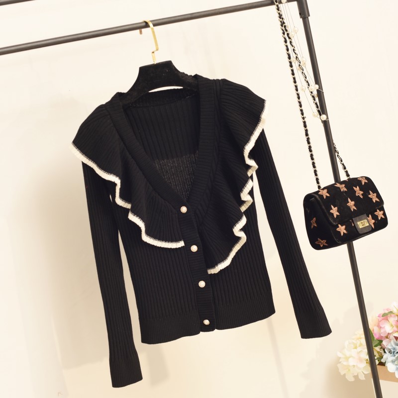 2021 spring and autumn new ruffle V-neck sweater cardigan long-sleeved jacket black sweater short style outside the tide