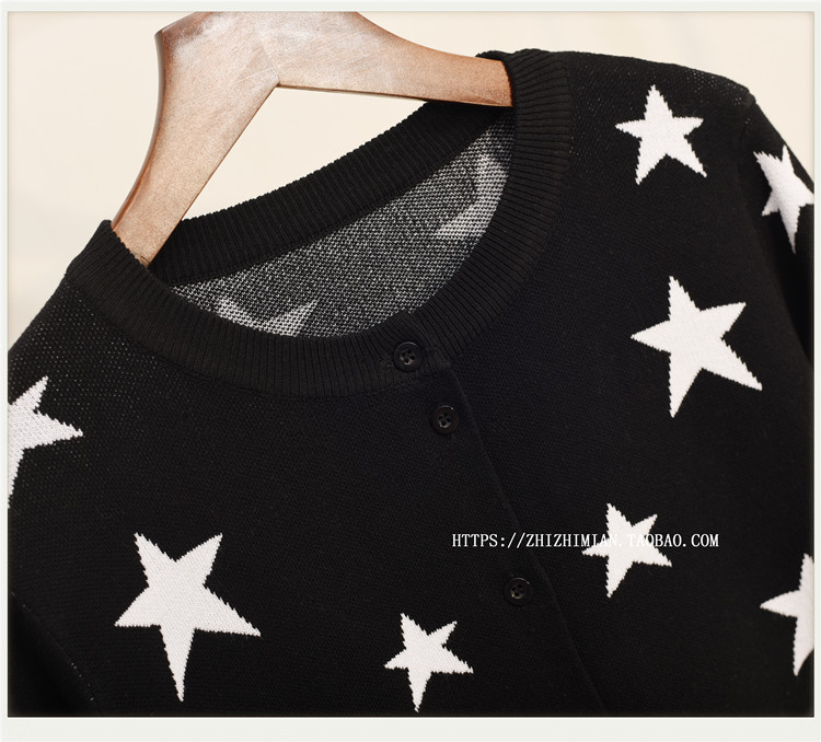 Mùa xuân năm cánh sao đen áo len cổ tròn mỏng cardigan nữ áo len mỏng ngắn tay dài phiên bản Hàn Quốc mỏng áo len cardigan