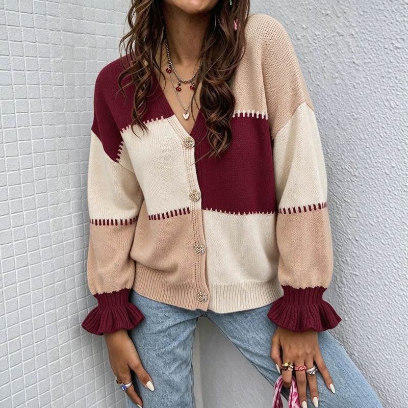 Cross-Border Amazon Loose-Fitting Woolen Color-Block Cardigan European and American Autumn and Winter Sweater New Style Knitted Long-Sleeve Ruffle Sleeves