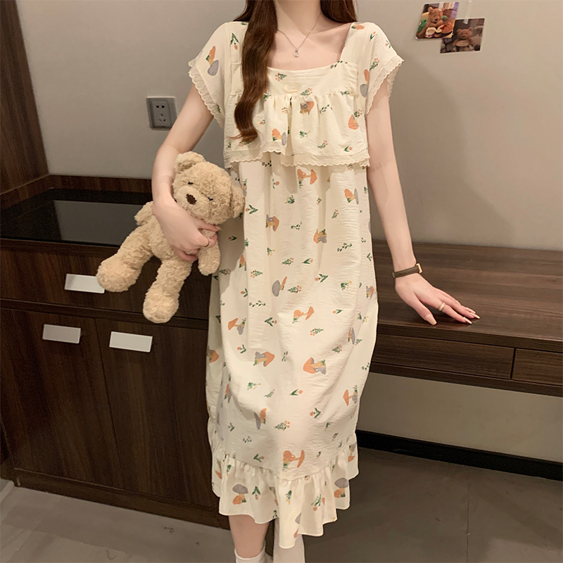 High-End Nightgown for Women 2026 New Korean Style Sweet and Cute Cartoon Loose Large Size Cloud Cotton Pajamas for Women Summer