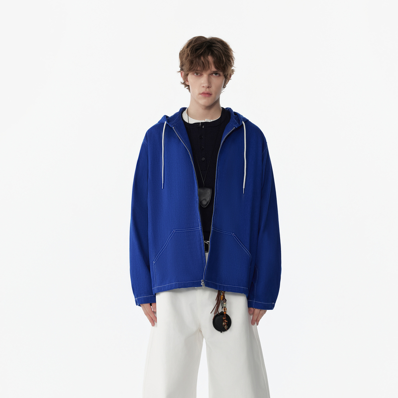 Apoecho Men's Sweatshirt Klein Blue Spring New Trendy Style Men's Hooded Solid Color Zipper Denim Jacket