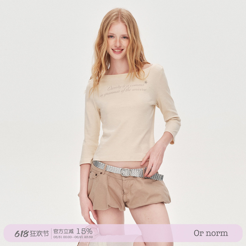 Or Norm "Fine Sparkle Stars" Letter Star Print One-Shoulder T-Shirt Slim Fit Slimming Three-Quarter Sleeve Top Or Norm "Fine Sparkle Stars" Letter Star Print One-Shoulder T-Shirt Slim Fit Slimming Three-Quarter Sleeve Top