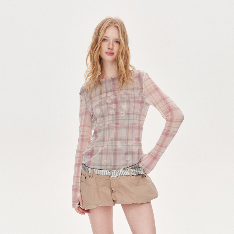 Or Norm "Pink Mist Forest" Plaid Floral Sheer Double-Layer Mesh Long-Sleeve Top Slimming Layering Blouse