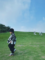 MINIV KIDS baby black and white grid Japanese shirt autumn new baby active printing personalized shirt