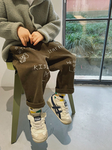 MINIV KIDS Autumn and Winter Baby Embroidered Pants Childrens Casual Pants Trousers Two Thicknesses