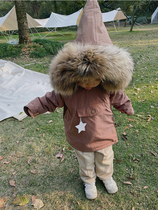 MINIV KIDS Mocha dense ~ baby acorn brown big fur collar cotton clothing childrens cotton coat coat warm