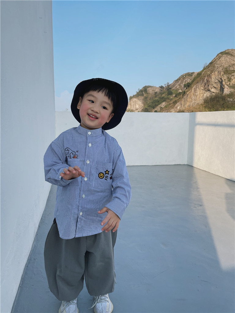 MINIV KIDS Ulu Blue Garden Will ~ Baby Spring Autumn Striped Shirt Children Shirt Pocket Printed Embroidery