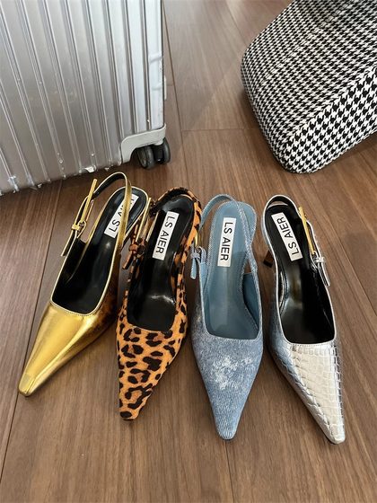 包头凉鞋女2025年新款时尚气质欧美风牛仔布豹纹单鞋女细跟高跟鞋