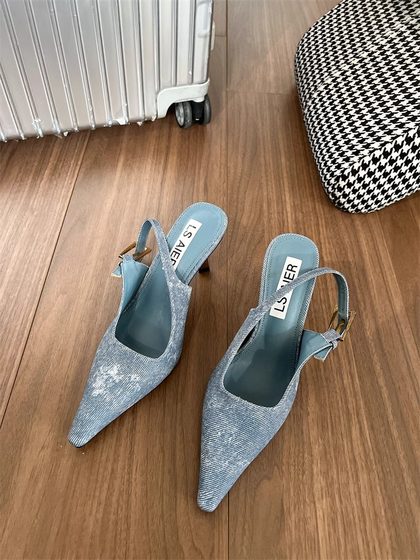 包头凉鞋女2025年新款时尚气质欧美风牛仔布豹纹单鞋女细跟高跟鞋