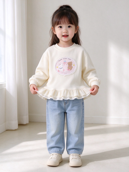 White Sweatshirt for Girls 2026 Autumn and Winter New Style Cartoon Round Neck Top for Girls, Kidsren's Fashionable and Versatile Long-Sleeved Top — 3