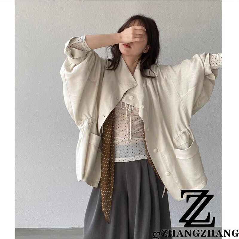 Minimalist Style Lyocell Linen Trench Coat, Loose-Fitting, Mid-Length, Spring/Summer Thin Style, Drawstring Waist Coat for Women