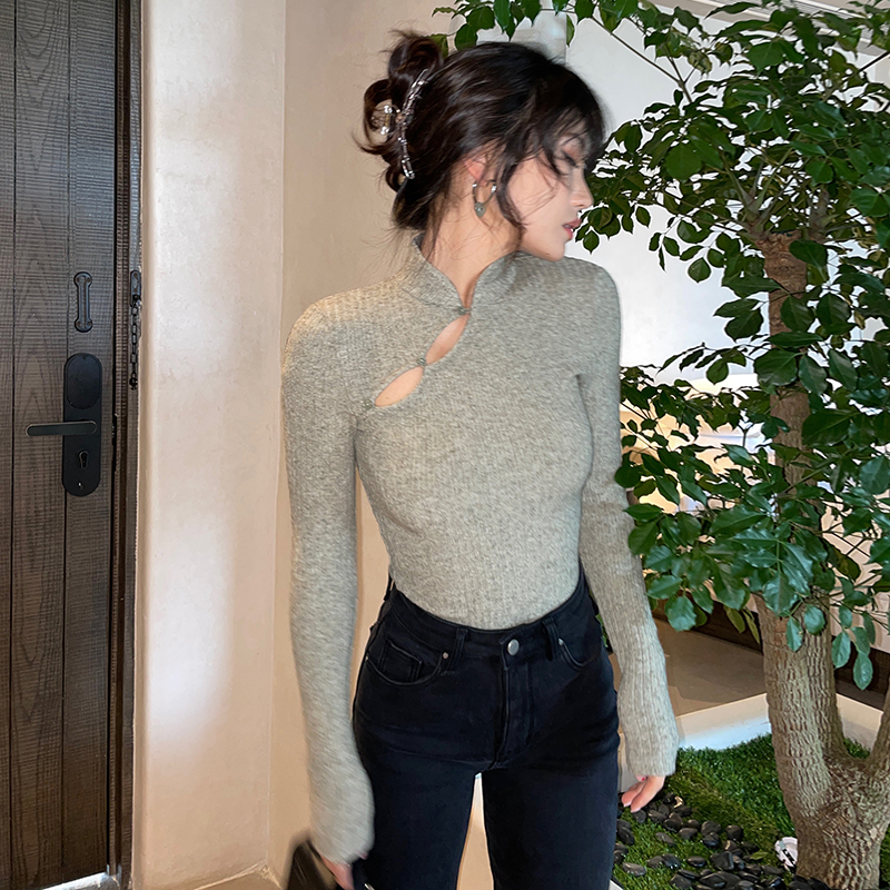 LEIYU Knitted Leggings Women's Tight 2022 Winter New Cheongsam Collar Design Sense Inner Long Sleeve Top Ins