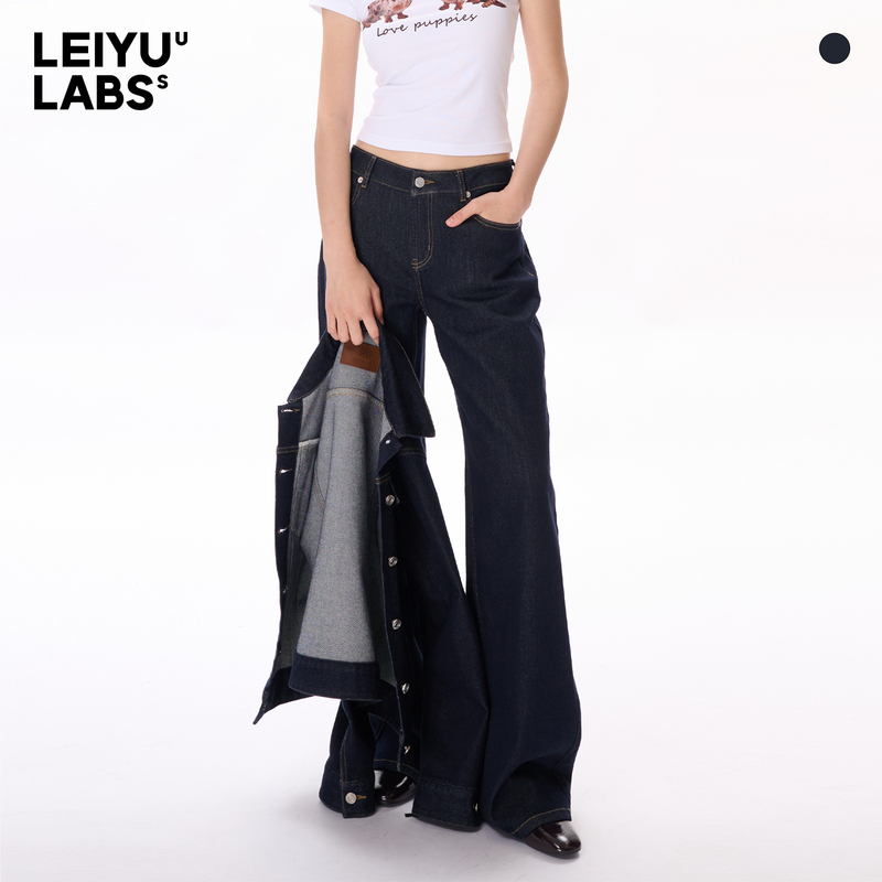 Leiyu Labs Lyocell Mid-Waist Straight-Leg Jeans for Women, Autumn 2025 New Style, Loose, Color-Blocked, Vintage Long Pants