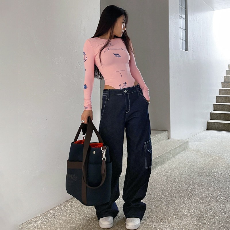 LEIYU tooling jeans woman 2021 fall new high waist loose straight cylinder wide leg towering trousers European and American ins