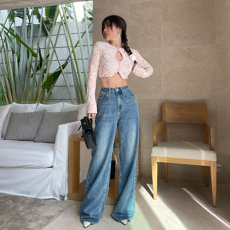 LEIYU loose straight drum jeans women 2022 spring new high waist wide pants European and American ins casual drag long pants