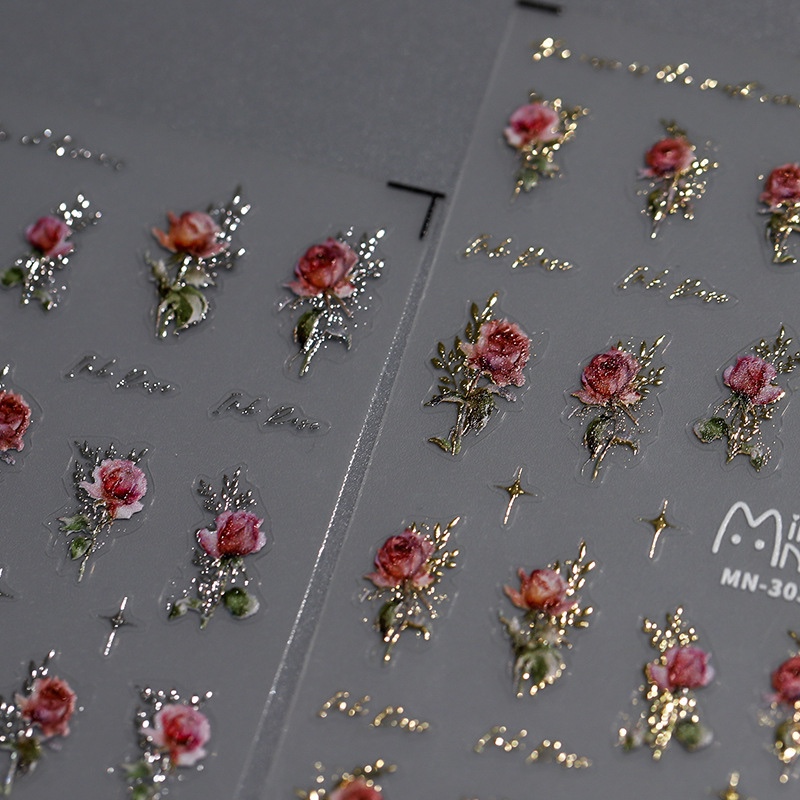 Gold Foil Dried Rose Petal Nail Stickers Embossed Bloodthirsty Rose Air-Dried Rose Minimalist Style Nail Stickers