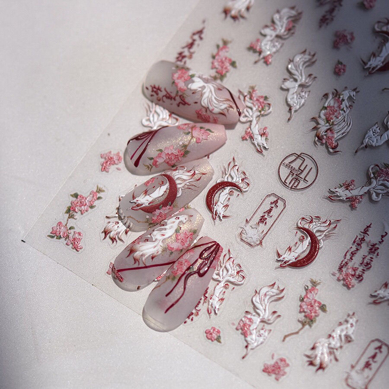 New Chinese Style Nine-Tailed Fox Nail Stickers Embossed Tomoni Peach Blossom Little Fox Fairy-Like Fox Nail Decoration