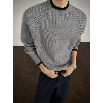 Old money style contrasting color raglan sleeve fake two piece sweater for men