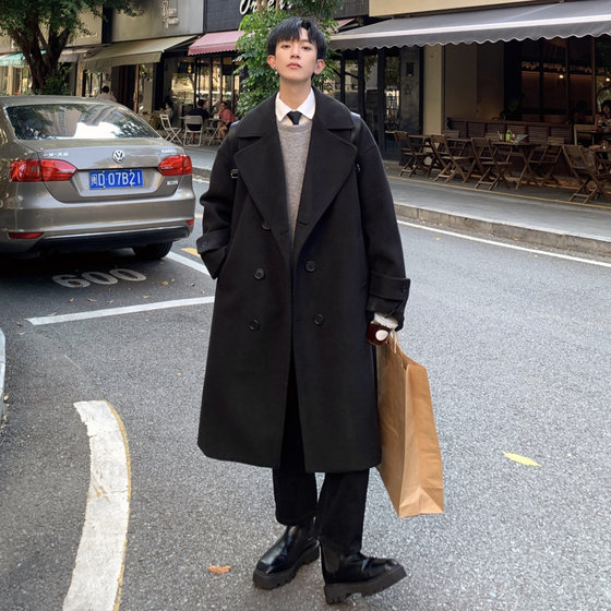 
Winter woolen coat for men's mid-length over-knee black jacket loose Korean version large size woolen windbreaker woolen material ins