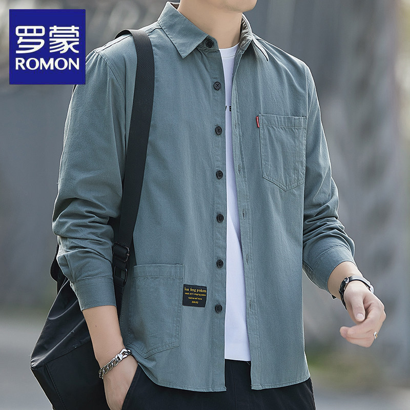 Romon 2025 春夏 長袖ワークシャツ メンズ 純綿 七分袖シャツ フリース裏地付き 無地ジャケット トップス