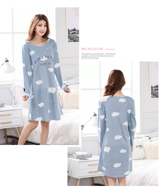 Váy ngủ mùa thu cotton dài tay nữ phiên bản Hàn Quốc của bộ đồ ngủ dài bằng vải cotton dễ thương đồ ngủ xuyên thấu