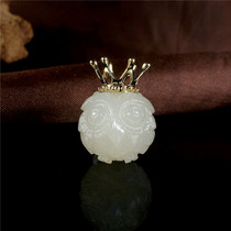 Jade beauty Hetian jade lotus root powder cowardly powder owl handstring accessories choker pendant 18K gold inlay