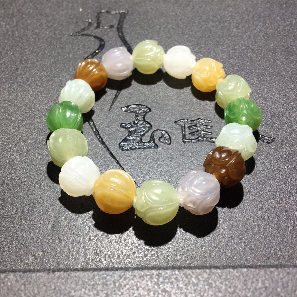 Yujiaoren Studio Xinjiang natural jade hetian jade lotus multi treasure bracelet multi-color bracelet pure handmade