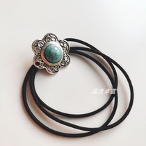 National Wind Retro Head Rope Imitation Ancient Silver Small Floral Stone Cracks Leather Fascia Adult Children Tied Hair Zamtail Head Ornament