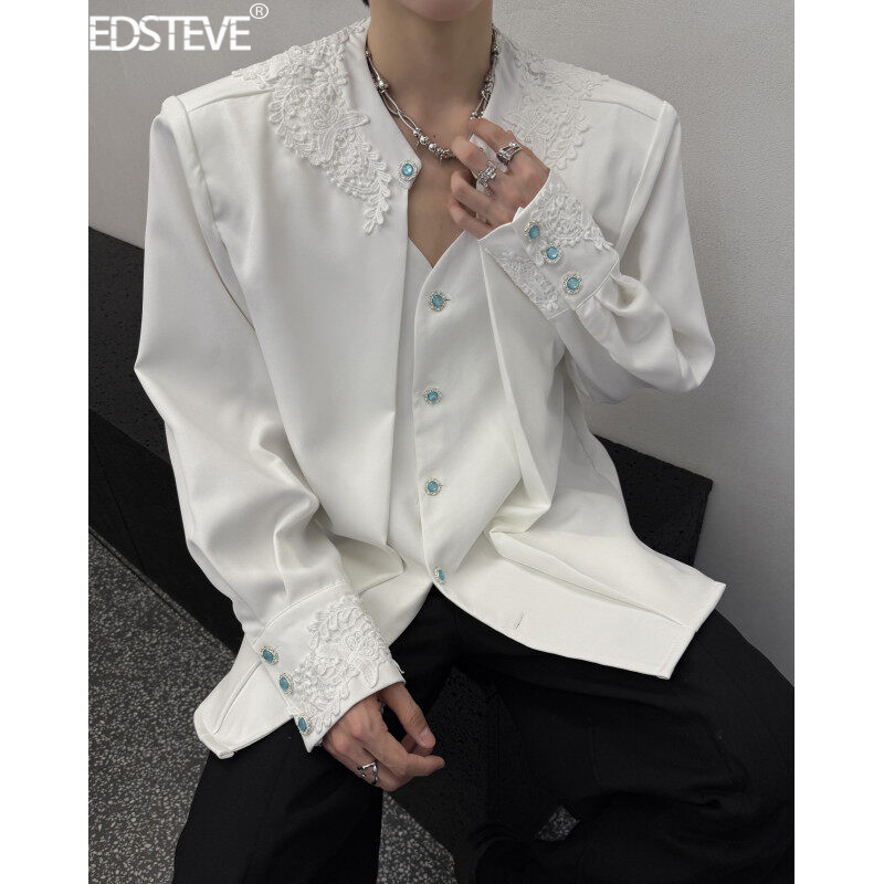 Edsteve | Niche Men's and Women's High-End Shirts with Lace, Gemstone Buttons, Shoulder Pads, Faux Two-Piece Dresses, Light Luxury Clothing, Trendy.