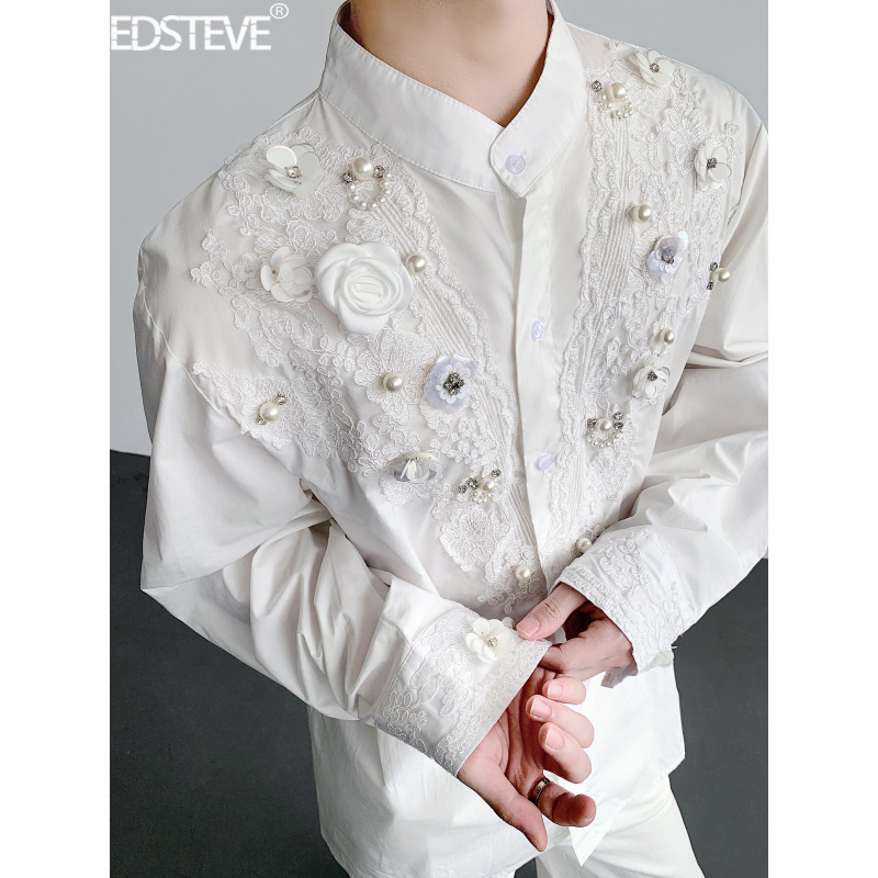 Edsteve | Stand-Up Collar Lace Three-Dimensional Flower Shirt with Beading, Light Luxury, High-End Feel, Cool and Unique Design. Edsteve | Stand-Up Collar Lace Three-Dimensional Flower Shirt with Beading, Light Luxury, High-End Feel, Cool and Unique Design.