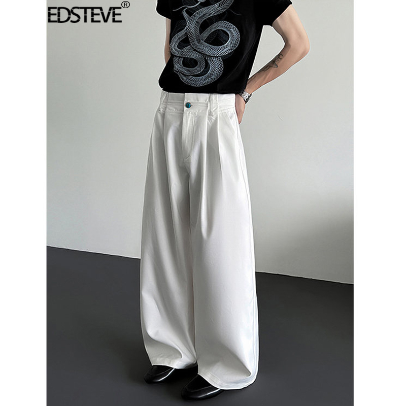 Edsteve | Pleated Dress Pants with a High-End Feel, Gemstone Buttons, Wide-Leg Pants, Cleanfit, Relaxed Fit, Floor-Length Trousers