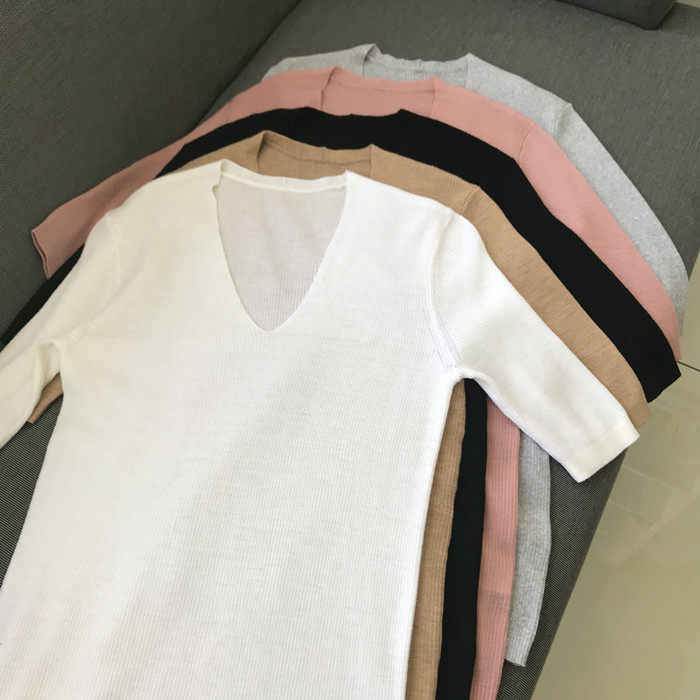 Spring V - collar 120 spinning wool comfortable thin slice of sleeve - knit sweater