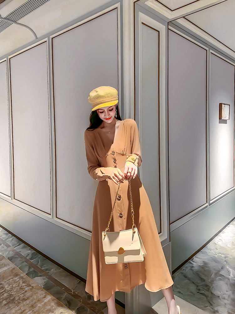 VK旗艦店 韓系時尚V領氣質單排釦長版收腰長袖洋裝