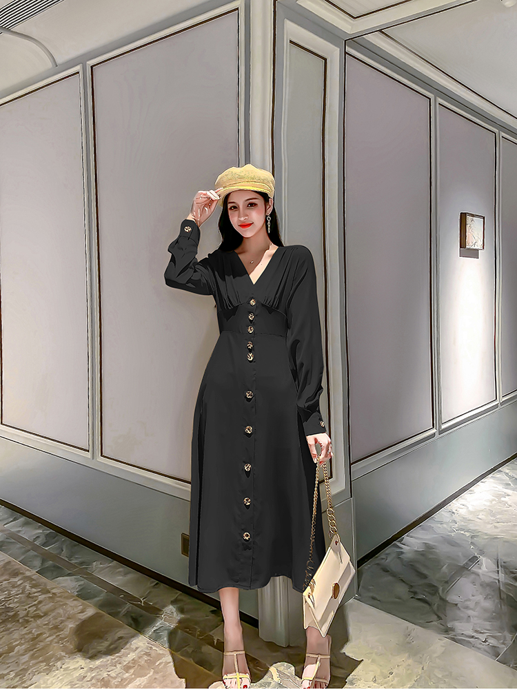 VK旗艦店 韓系時尚V領氣質單排釦長版收腰長袖洋裝