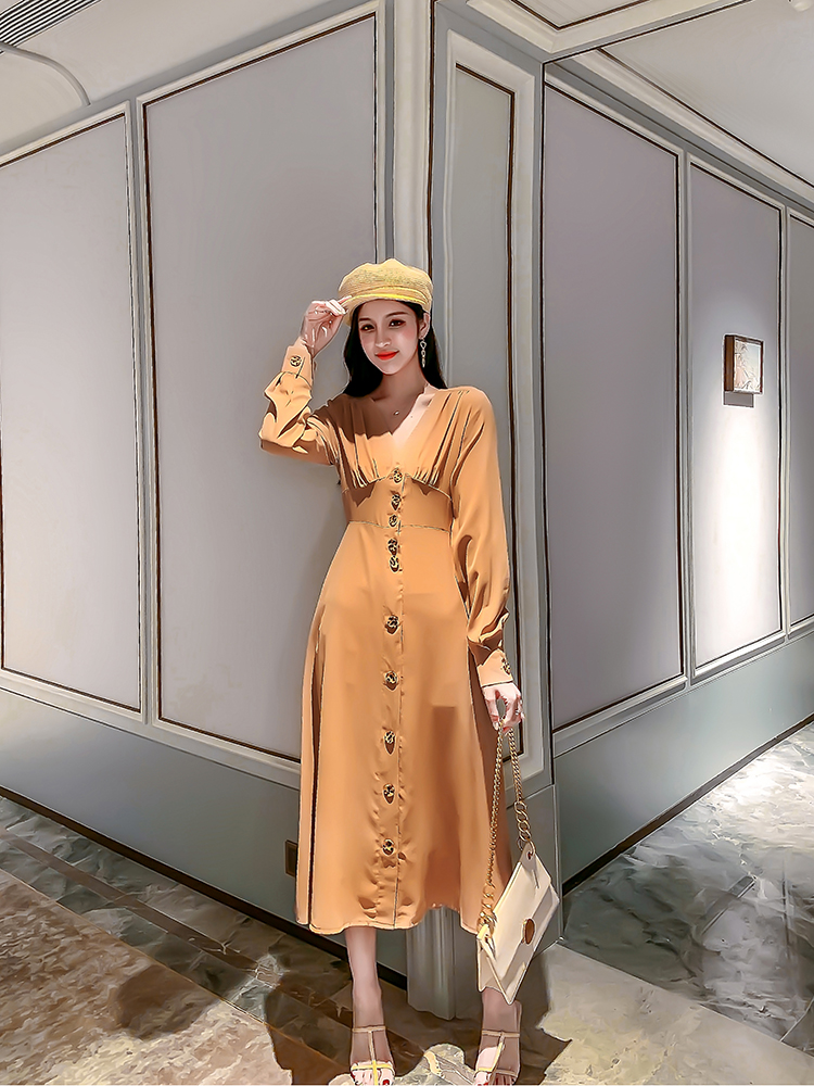 VK旗艦店 韓系時尚V領氣質單排釦長版收腰長袖洋裝