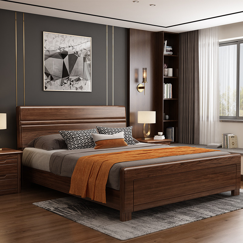 Solid wood bed 1 8 m walnuts wood double bed 1 5M minimalist modern new Chinese light lavish hotel furniture home owner bedroom