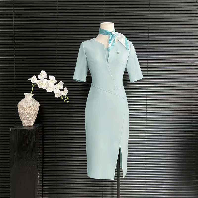 Professional Beauty Salon Front Desk Dress for Women, Short-Sleeved, Sky Blue, Mid-Length, Elegant, Waist-Cinching, Slit Work Uniform Professional Beauty Salon Front Desk Dress for Women, Short-Sleeved, Sky Blue, Mid-Length, Elegant, Waist-Cinching, Slit Work Uniform
