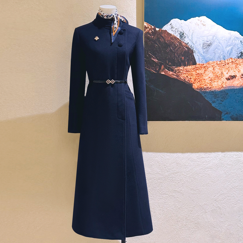 Liujiahe Beauty Salon Hotel Front Desk Autumn and Winter 100% Wool Navy Blue Stand Collar Slim Fit Women's Long Coat