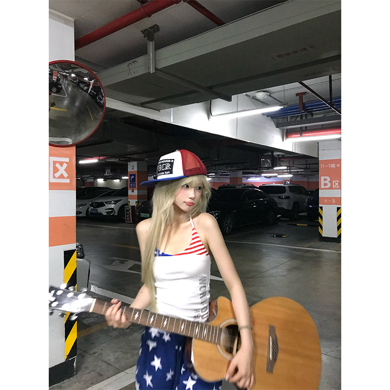 Jmj American Retro Letter Print Patchwork Color-Block Camisole for Women, Summer Slim-Fit Outerwear Top