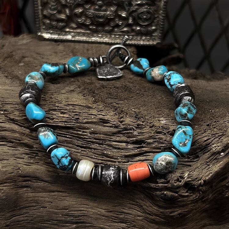 Vajra Original “Heart of Mountains” Meisong Old Pearl Old Glazed Multi-Treasure Silver Bracelet Nomadic Style