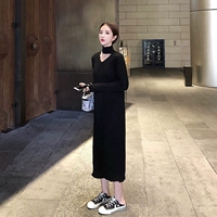 Phụ nữ mùa thu retro 2018 mới váy Hồng sang trọng mang hương vị váy dệt kim dài v-cổ váy dài tay 	váy siết eo
