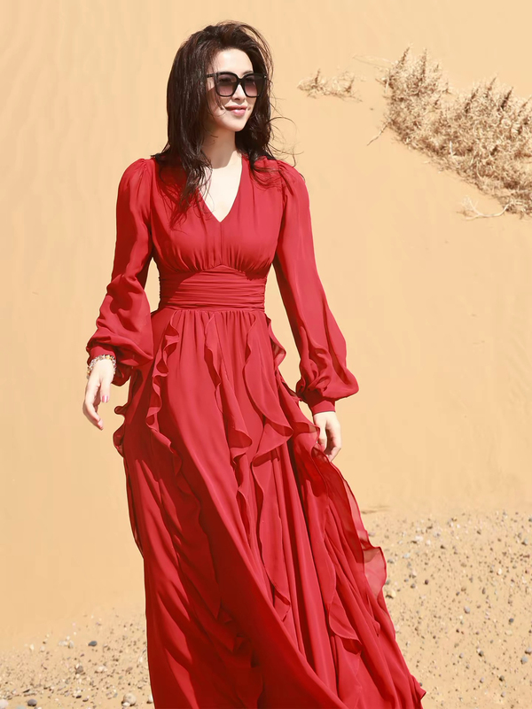 Elegant, Feminine, Slimming, Red Dress, Long-Sleeved, Spring and Autumn Chiffon, Travel Wear, Vacation Photo Shoot Long Dress Elegant, Feminine, Slimming, Red Dress, Long-Sleeved, Spring and Autumn Chiffon, Travel Wear, Vacation Photo Shoot Long Dress