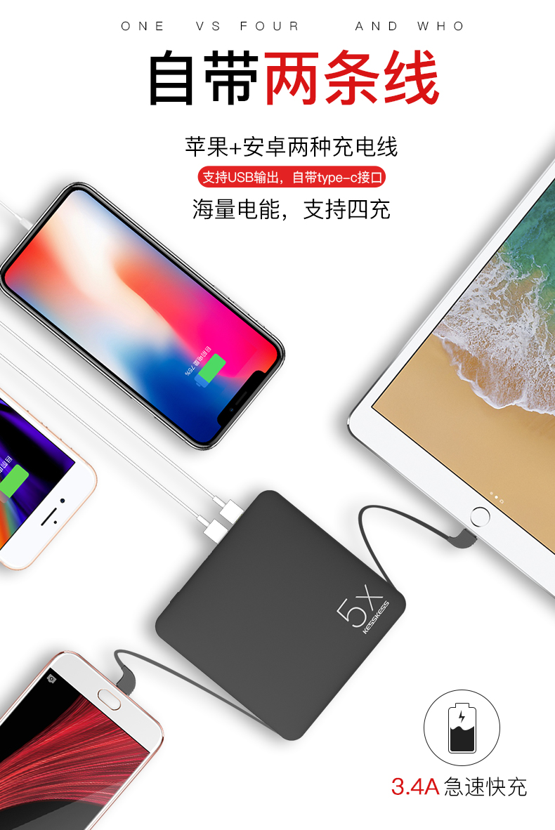 Key tiềm năng sạc kho báu công suất lớn Apple 20000 mAh điện thoại di động phổ điện thoại di động dual tự-vành đai vivo siêu mỏng Huawei polymer Android type-c chuyên dụng