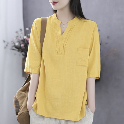棉麻短袖t恤女2021年新款夏季短款V领体恤半袖宽松复古上衣t桖潮