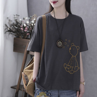 纯棉短袖t恤女2021年新款夏季宽松短款体恤文艺复古半袖上衣t桖潮