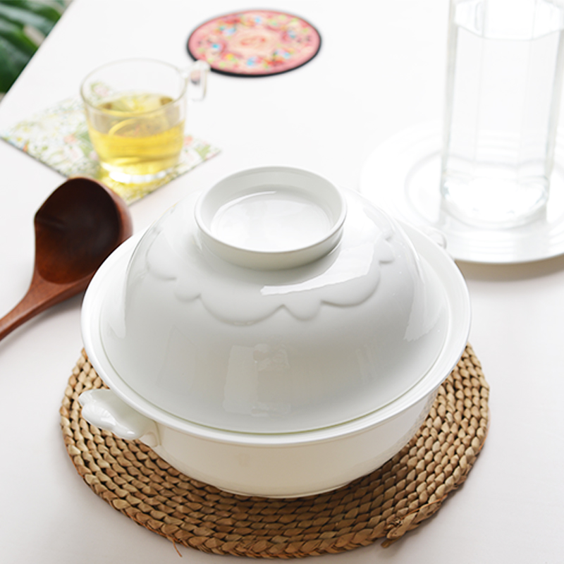 Imperial pottery dynasty white ceramic basin large creative household ears big soup soup pot large soup bowl with cover