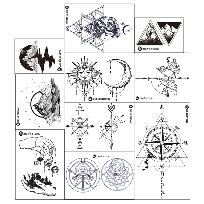 Branch-Like Stars, Sea, Artistic Tattoo Stickers, Compass, Waves, Mountains, Space, Sun, Moon, Set of Ten Pieces