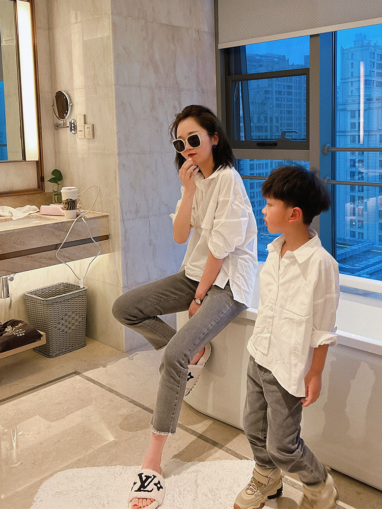 Deer mother 2023 spring autumn new pro-child clothes boy trendy lining mother and mother female foreign air pure white Korean version shirt tide-Taobao